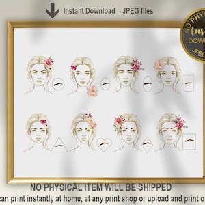 May include: Printable digital download of 6 different eyebrow shapes with floral accents.  The shapes are a curved line, a rounded oval, a straight line, a triangle, a heart, and a square.  The text "Instant Download - JPEG files" is at the top of the image.
