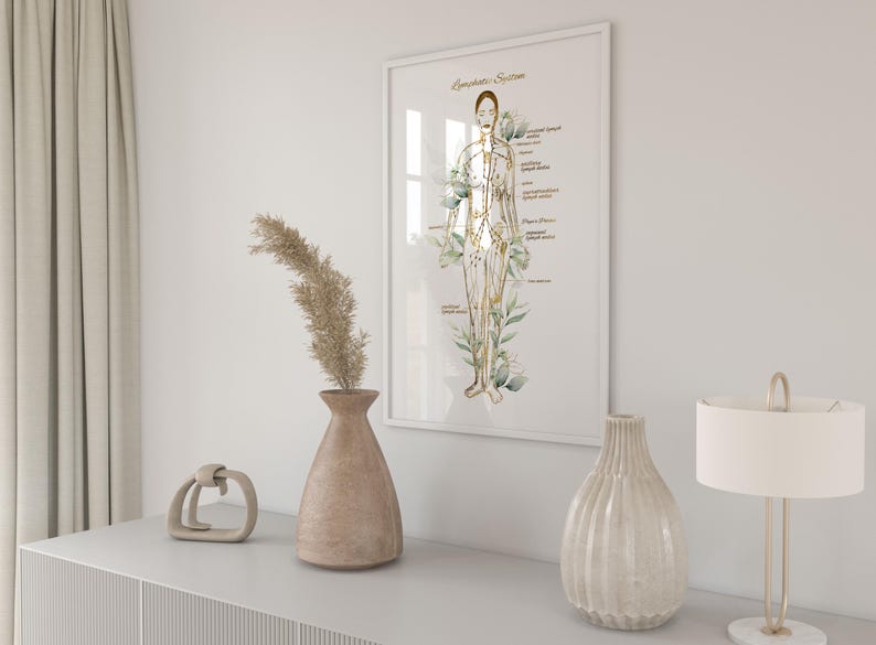 May include: A framed illustration of the human body with lines and dots representing the lymphatic system. The illustration is in a watercolor style with green leaves and gold lines. The frame is white and the background is a white wall.