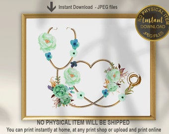Floral stethoscoop kunst, dokterspraktijk decor, dokter cadeau, dokter kantoor kunst aan de muur, verpleegkundige cadeau, verpleegkundige afstudeercadeau, medisch kantoor kunst aan de muur