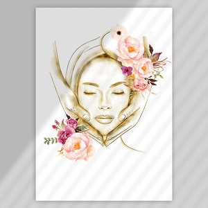 May include: A watercolor illustration of a woman receiving a facial massage. Her face is surrounded by pink and purple flowers. The hands of the person giving the massage are visible.