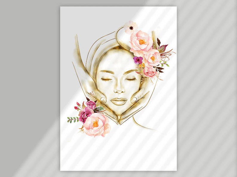 May include: A watercolor illustration of a woman receiving a facial massage. Her face is surrounded by pink and purple flowers. The hands of the person giving the massage are visible.