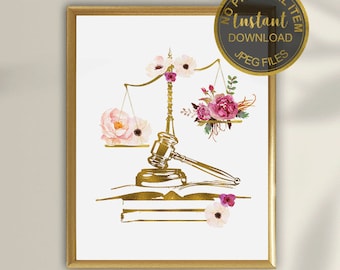 May include: A printable digital download of a gold scale of justice with pink and white flowers, a gavel, and books. The text "No Physical Item Will Be Shipped" is at the bottom of the image.
