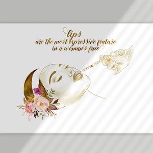 May include: A gold illustration of a woman receiving a lip injection. The text "lips are the most expressive feature in a woman's face" is above the illustration.