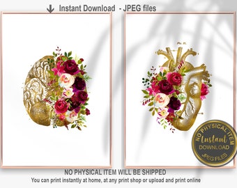 May include: Two printable art prints featuring anatomical illustrations of the human brain and heart, each adorned with a bouquet of watercolor flowers in shades of pink, red, and white.