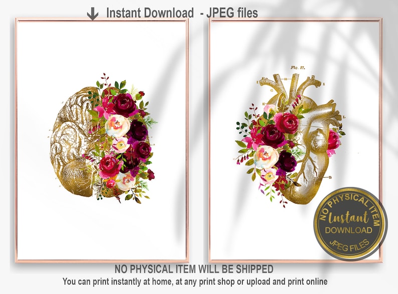 Floral Anatomy Art Brain and Heart Wall Art Medical Art Etsy