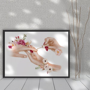 May include: A watercolor illustration of a hand getting a manicure with a bottle of red nail polish and flowers.