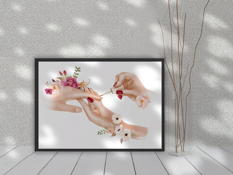 May include: A watercolor illustration of a hand getting a manicure with a bottle of red nail polish and flowers.