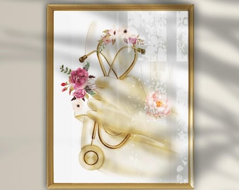 Floral Stethoscope Print, Doctor Office Decor, Nurse Wall Art Printable, Medical Clinic Poster, Physician Gift, Digital Download
