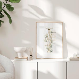 May include: A framed print of a watercolor illustration of a human figure with lines and dots representing acupuncture points. The title of the illustration is "Lymphatic System".