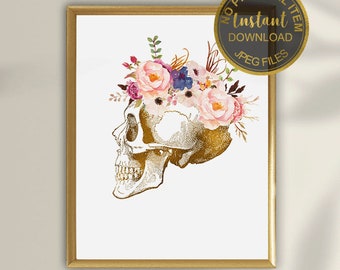 May include: A printable digital art print featuring a gold skull with a floral crown of pink, white, and purple flowers. The text "Instant Download - JPEG files" is at the top of the image.