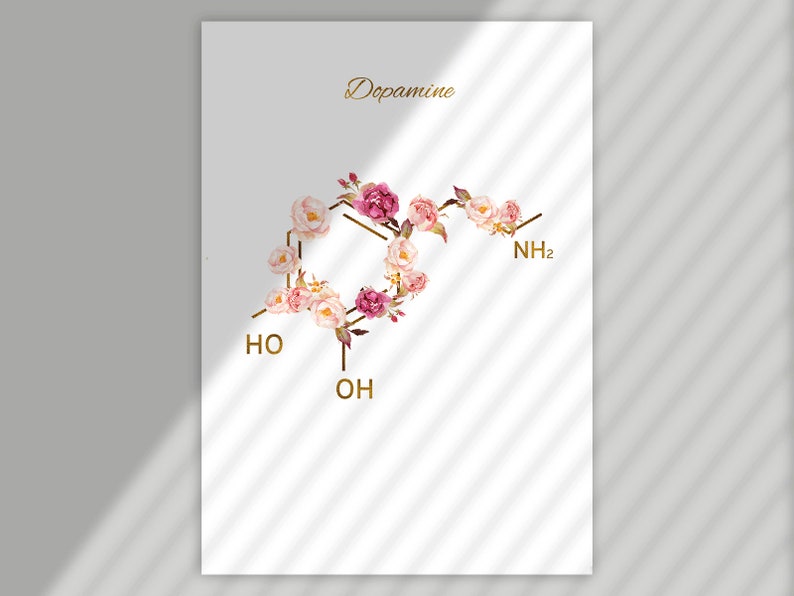 Pode incluir: Um fundo branco com a palavra "Dopamine" em letras douradas. Uma estrutura qu&iacute;mica da dopamina &eacute; representada usando flores rosa e brancas e linhas douradas. A f&oacute;rmula qu&iacute;mica &eacute; escrita em letras douradas.