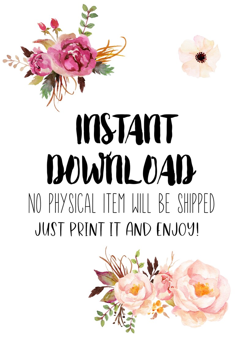 Pode incluir: Impress&atilde;o de arte digital para download com arranjos florais em aquarela em rosa, p&ecirc;ssego e verde. O texto "INSTANT DOWNLOAD" &eacute; exibido em negrito preto, com a mensagem "NENHUM ITEM F&Iacute;SICO SER&Aacute; ENVIADO, BASTA IMPRIMIR E APROVEITAR!"
