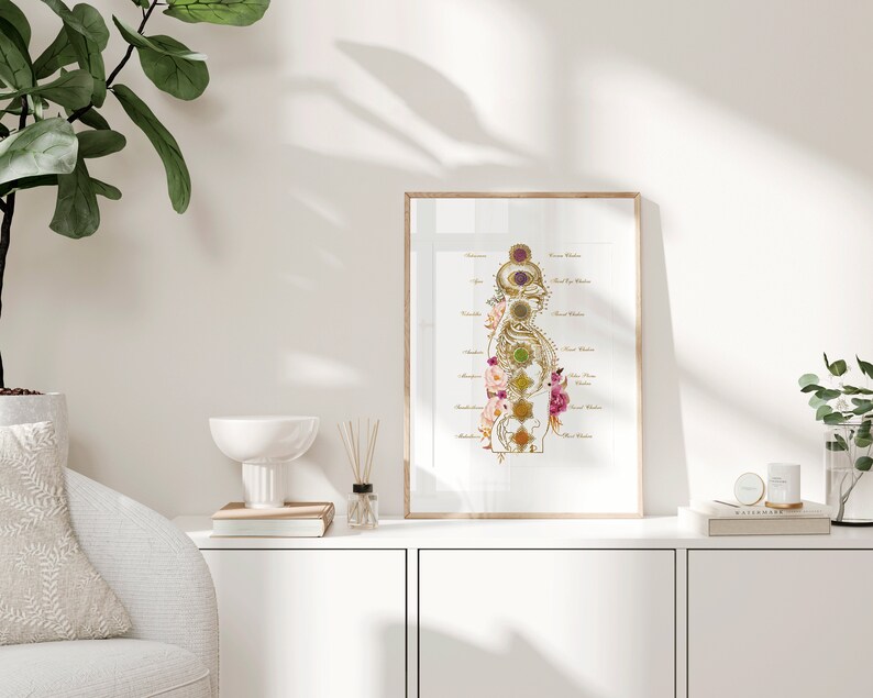 Meditation room printable decor with luxury chakra illustration and gold accents