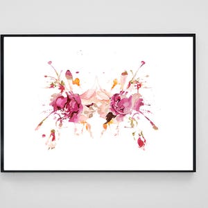 May include: A symmetrical watercolor painting of two pink roses with white and yellow accents. The roses are surrounded by splatters of pink, white, and yellow paint.