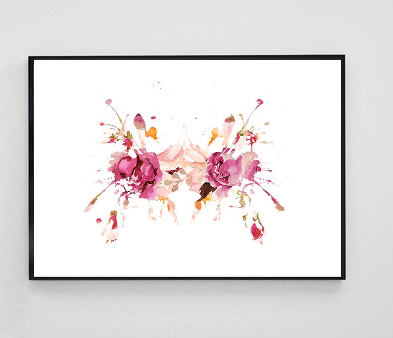 May include: A symmetrical watercolor painting of two pink roses with white and yellow accents. The roses are surrounded by splatters of pink, white, and yellow paint.