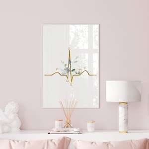 May include: A gold EKG heart rate line with green and white floral accents on a white background. The letters P, Q, R, S, and T are labeled on the EKG line.