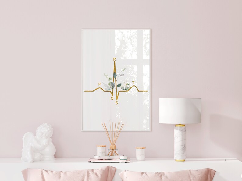 May include: A gold EKG heart rate line with green and white floral accents on a white background. The letters P, Q, R, S, and T are labeled on the EKG line.