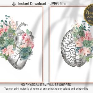 Anatomy Art Set, Heart and Brain Print, Doctor Office Decor, Nurse Gift, Physician Gift, CBT Print, Doctor Graduation Gift, Printable Art