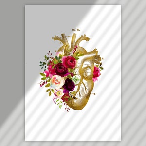 May include: A gold anatomical heart illustration with a floral arrangement of pink, red, and white flowers. The heart is labeled with anatomical terms.