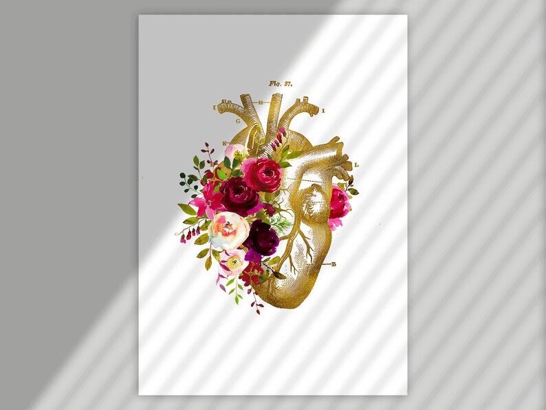 May include: A gold anatomical heart illustration with a floral arrangement of pink, red, and white flowers. The heart is labeled with anatomical terms.