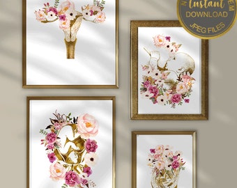 Floral Gynecology Art Prints Set, Gynecology Wall Art, Midwife & Doula Gift, Obstetric Medical Office Decor, Digital Download