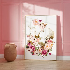 May include: A watercolor illustration of a baby in the womb surrounded by pink, white, and purple flowers.
