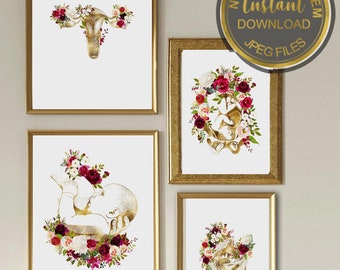 Set de regalo para partera, arte de parto de doula, arte mural floral de útero y embarazo, arte de lactancia materna, decoración de oficina de partera, imprimible de graduación de ginecología y obstetricia