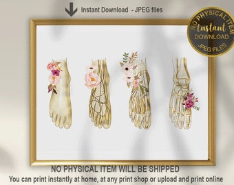 May include: Printable art print featuring three anatomical illustrations of human feet with floral accents. The feet are depicted in a skeletal structure with delicate floral details in shades of pink and white.