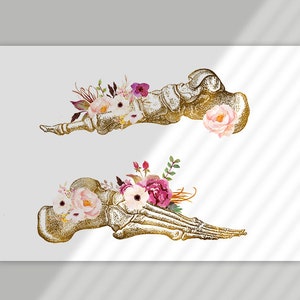 May include: Two gold anatomical foot bones with pink, white, and purple watercolor flowers.