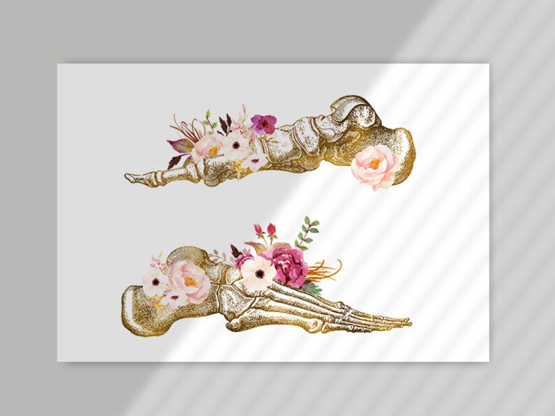 May include: Two gold anatomical foot bones with pink, white, and purple watercolor flowers.
