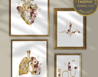 Juego de 4 láminas de anatomía floral, decoración de consultorio médico y enfermero, arte médico imprimible para pared.