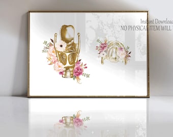 May include: A framed print with two gold anatomical illustrations, one like a larynx and the other a rib cage, decorated with pink and white flowers. The text "Instant Download - JPEG files NO PHYSICAL ITEM WILL BE SHIPPED" is visible.