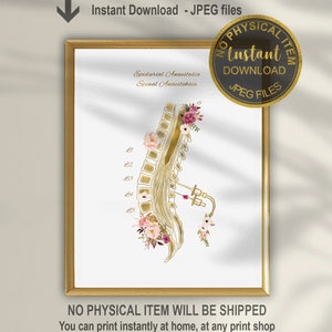 Puede incluir: Una ilustración imprimible de la columna vertebral humana con acentos florales. La columna vertebral está etiquetada con las vértebras L1, L2, L3, L4 y L5. El texto "Anestesia epidural Anestesia espinal" está en la parte superior de la imagen.