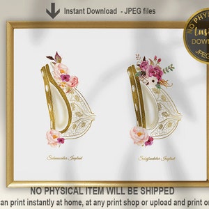 May include: Printable digital art print featuring two gold butterfly wings with pink and white floral accents. The text "Sotamicaler Juphrat" and "Saiglandlar Inplant" is below each butterfly wing.