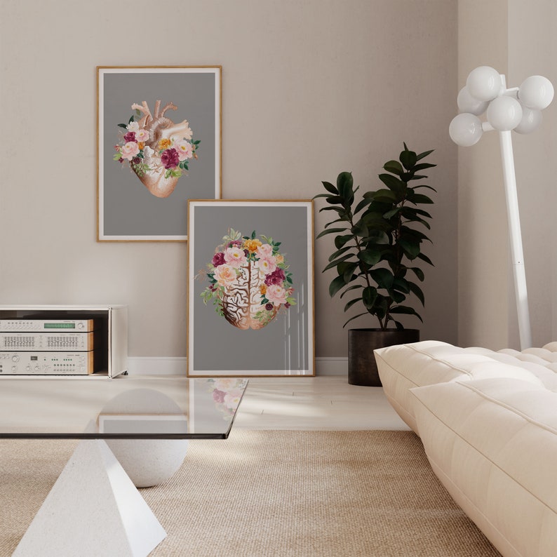 Printable Floral Anatomy Art Set – Heart and Brain Anatomy Wall Art ...