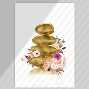 May include: A stack of golden stones with a floral arrangement of pink, purple, and white flowers. The flowers are arranged around the base of the stones.