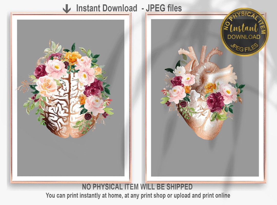 Printable Floral Anatomy Art Set – Heart and Brain Anatomy Wall Art ...