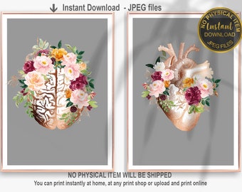 Set de arte de anatomía floral imprimible: arte mural de anatomía del corazón y el cerebro, decoración para consultorios médicos, regalo para médicos y enfermeras, descarga digital