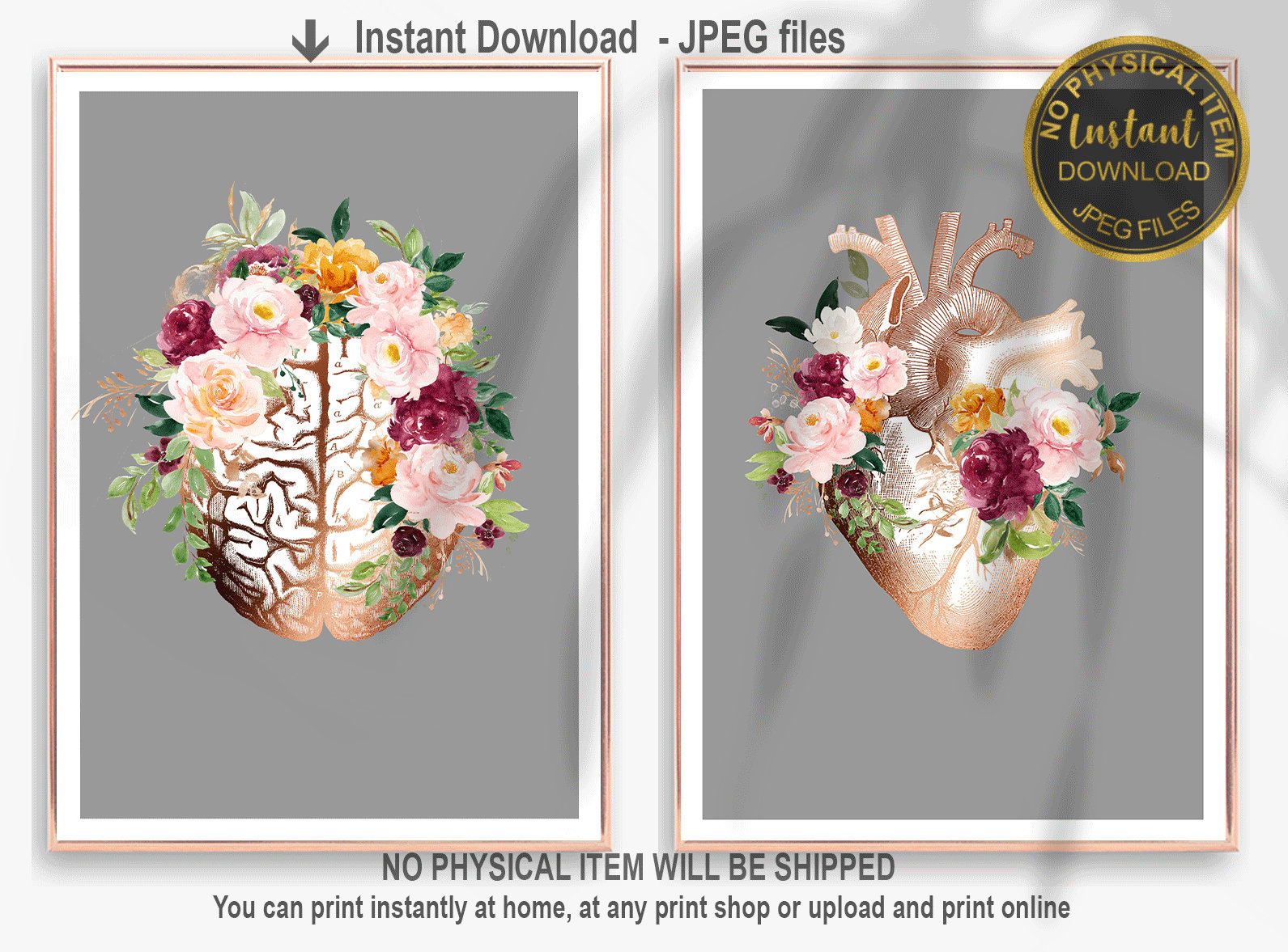 Printable Floral Anatomy Art Set – Heart and Brain Anatomy Wall Art ...