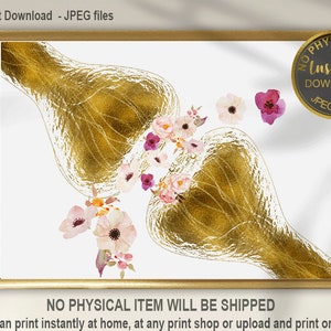 May include: A digital art print featuring a gold watercolor illustration of a neuron with pink and white flowers. The text "Instant Download - JPEG Files" is at the top of the image.