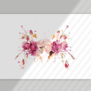 May include: A symmetrical watercolor painting of pink flowers with splashes of color on a white background.