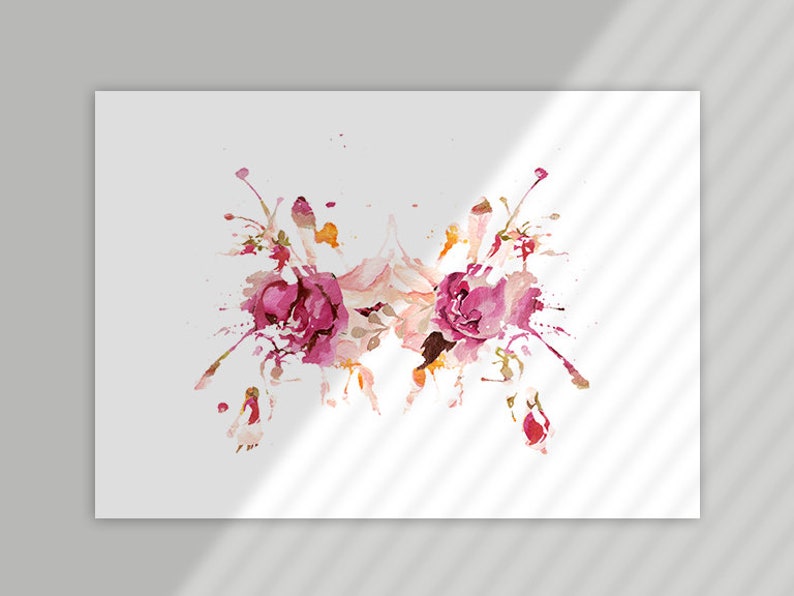 May include: A symmetrical watercolor painting of pink flowers with splashes of color on a white background.