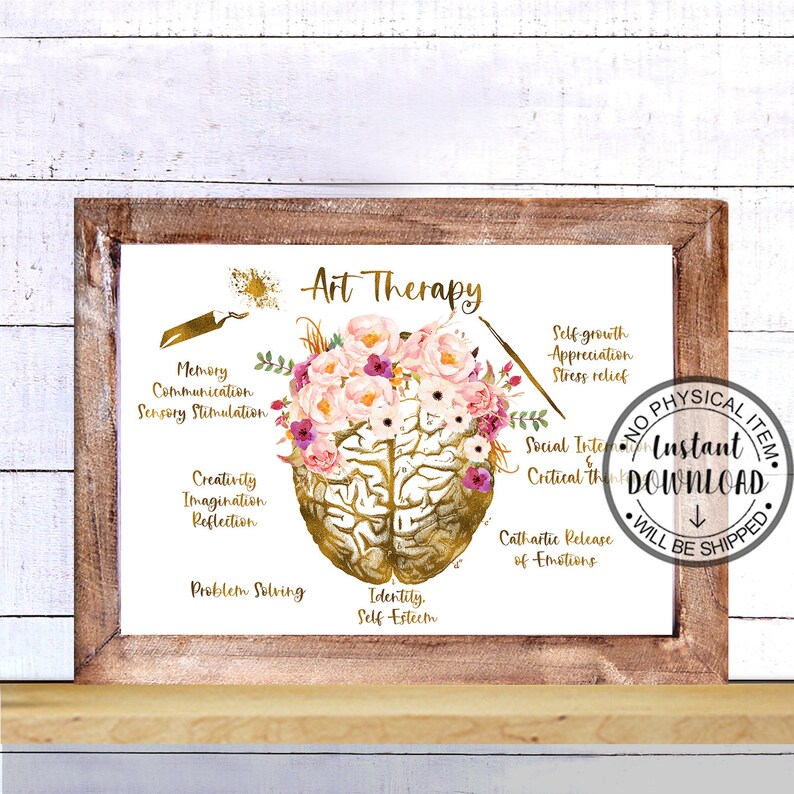 Puede incluir: Una descarga digital imprimible de un contorno de cerebro dorado con acentos florales rosas y blancos. El cerebro est&aacute; etiquetado con los beneficios de la terapia de arte, que incluyen la memoria, la comunicaci&oacute;n, la creatividad y la autoestima.