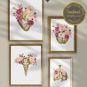 School Doctor Office Decor Anatomy Art Set of 4 Flower Prints Human Brain Heart Lungs and Caduceus Medical Student Gift, Nurse Student Gift