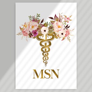 May include: A gold medical caduceus symbol with a pink and white floral wreath around it. The text "MSN" is below the symbol.