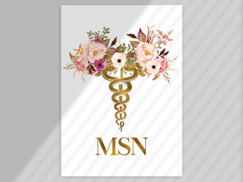 May include: A gold medical caduceus symbol with a pink and white floral wreath around it. The text "MSN" is below the symbol.