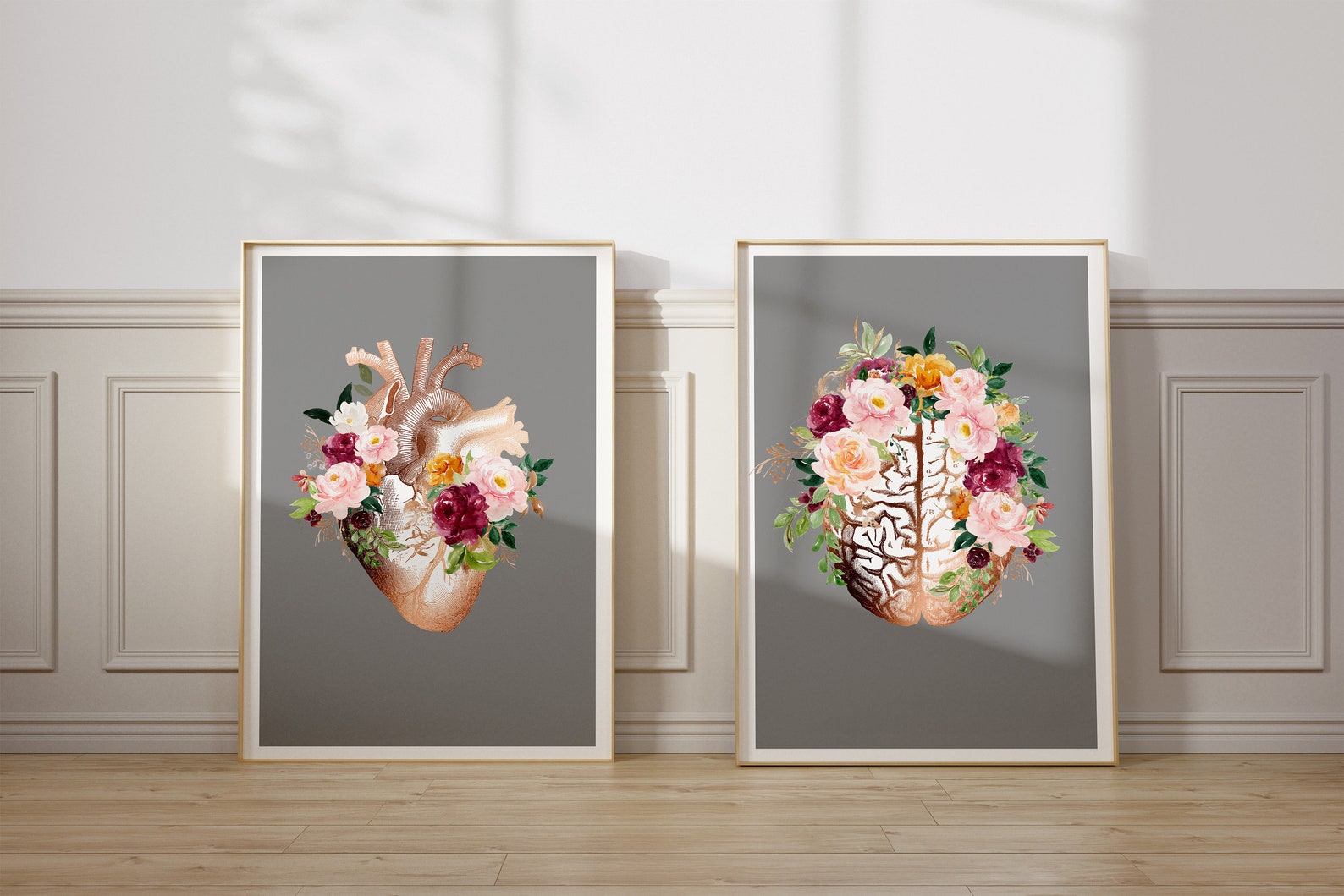 Printable Floral Anatomy Art Set – Heart and Brain Anatomy Wall Art ...