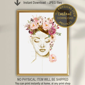 May include: A digital printable art print featuring a stylized illustration of a woman's face with a floral crown. The face is divided into sections with lines, and a single pink flower is placed below the chin. The print has a gold frame and the text "Instant Download - JPEG files" and "No Physical Item Will Be Shipped" is visible below the image.