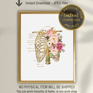 Rib Cage Anatomy Art, Skeleton Rib Cage, Chest Skeleton Art, Skeleton Print, Doctor Office Decor, Gift For Doctor, Flower Anatomy Art Print