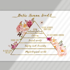 May include: A gold triangle with the words "Basic Human Needs" at the top. The triangle is divided into five sections, each with a different need listed. The needs are: Physiological needs, Safety and Security, Social needs, Esteem, and Self-actualization. The triangle is decorated with pink and white flowers.